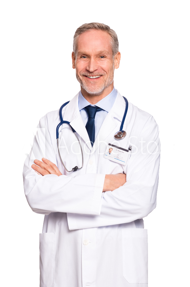 A smiling male doctor in white lab coat